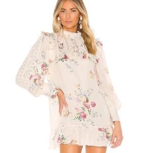 LoveShackFancy Saffron Floral Cream Mini Dress with Long Sleeves